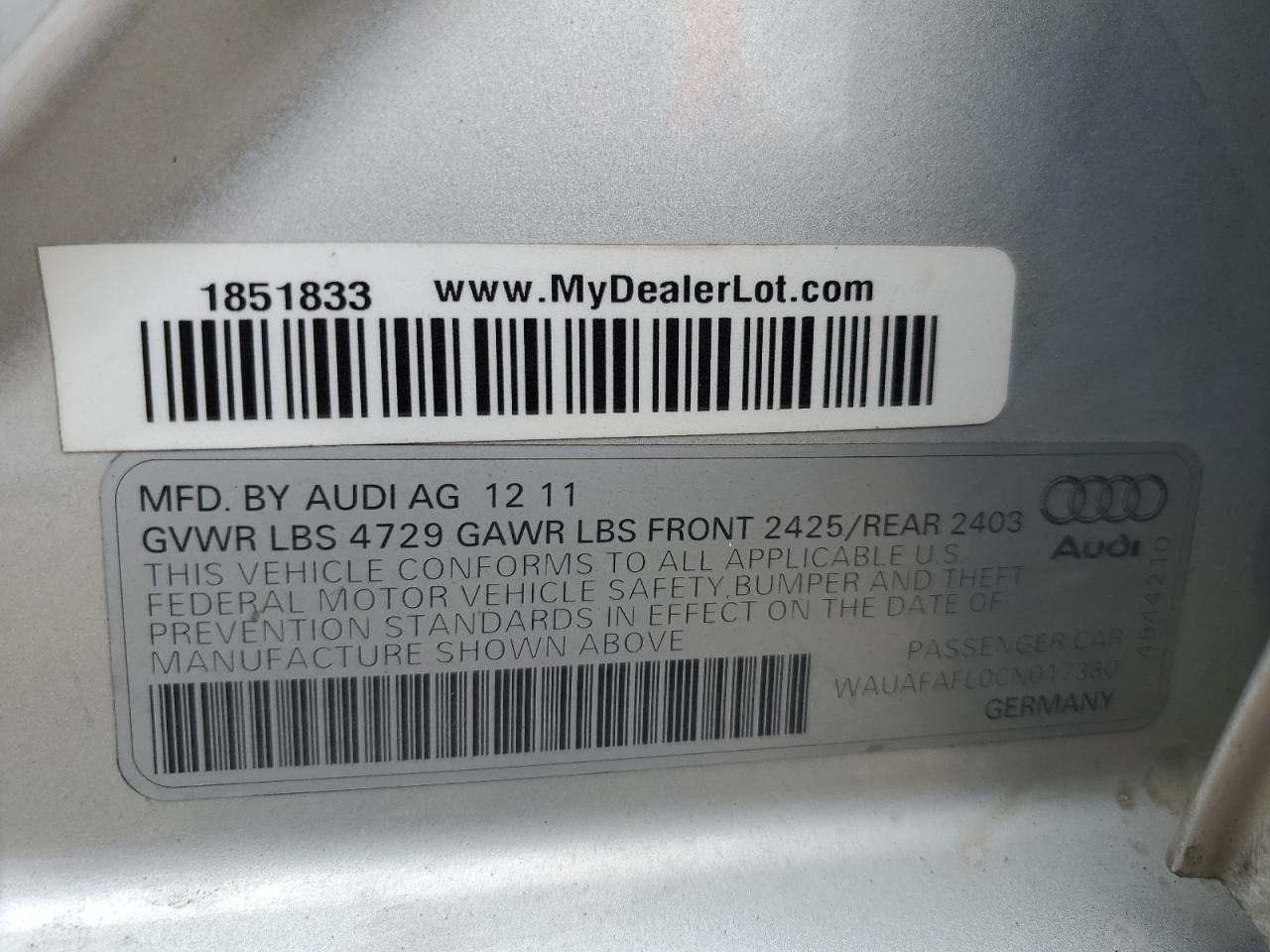 2012 Audi A4 Premium VIN: WAUAFAFL0CN017380 Lot: 53795604