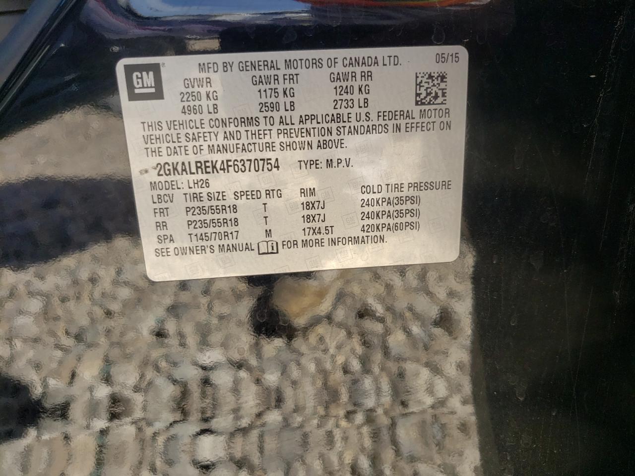 2015 GMC Terrain Sle VIN: 2GKALREK4F6370754 Lot: 56873474