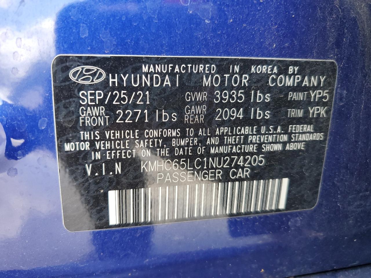 KMHC65LC1NU274205 2022 Hyundai Ioniq Blue