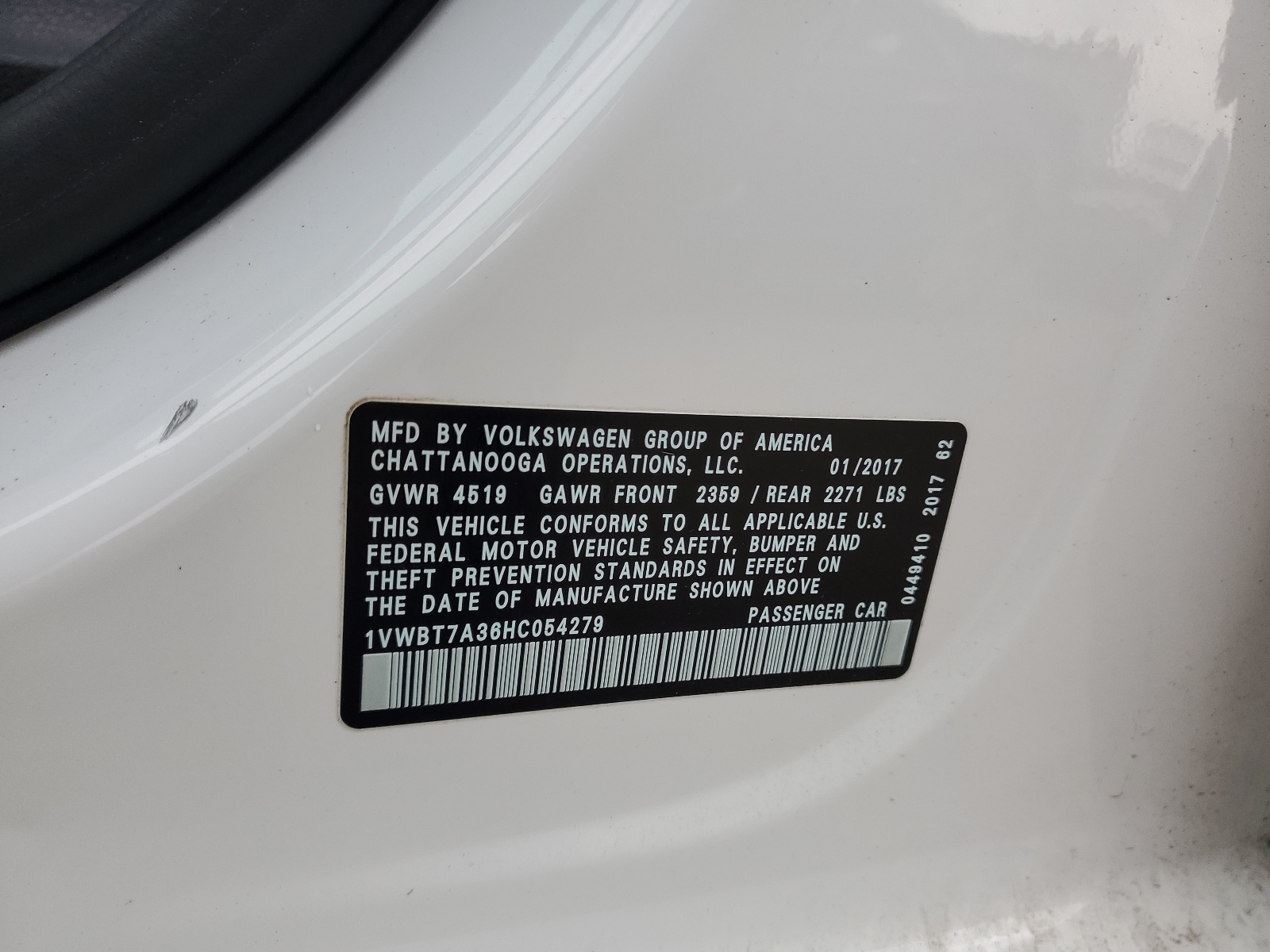 1VWBT7A36HC054279 2017 Volkswagen Passat Se