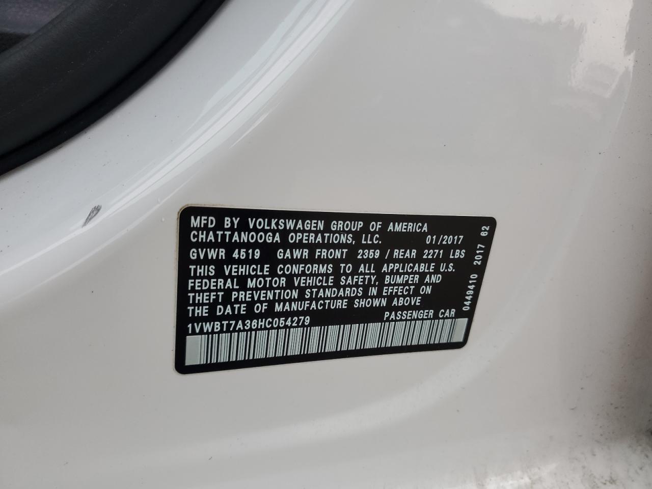 2017 Volkswagen Passat Se VIN: 1VWBT7A36HC054279 Lot: 54720394