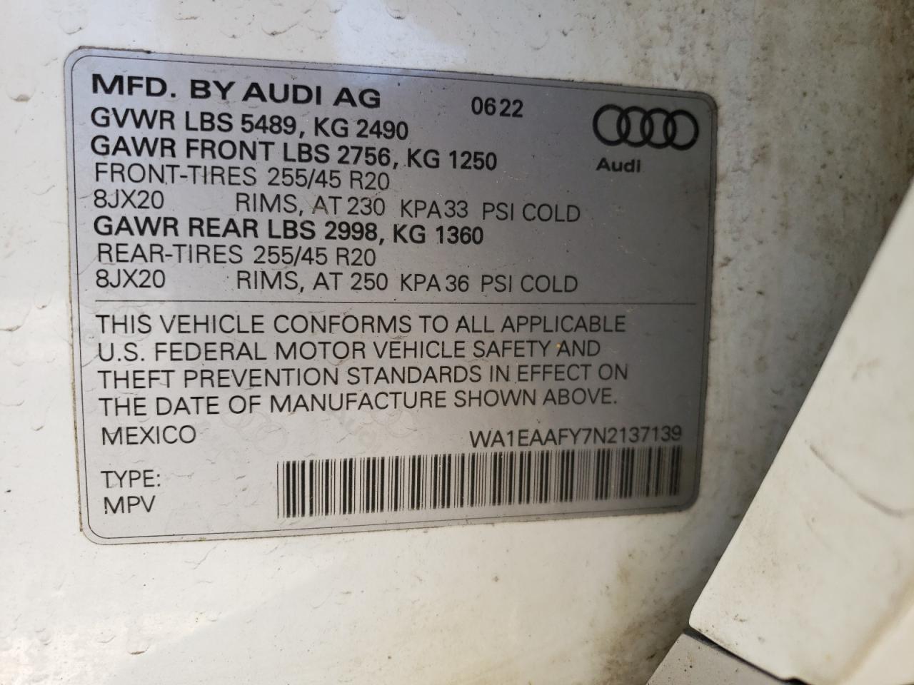 2022 Audi Q5 Premium Plus 45 VIN: WA1EAAFY7N2137139 Lot: 53744484