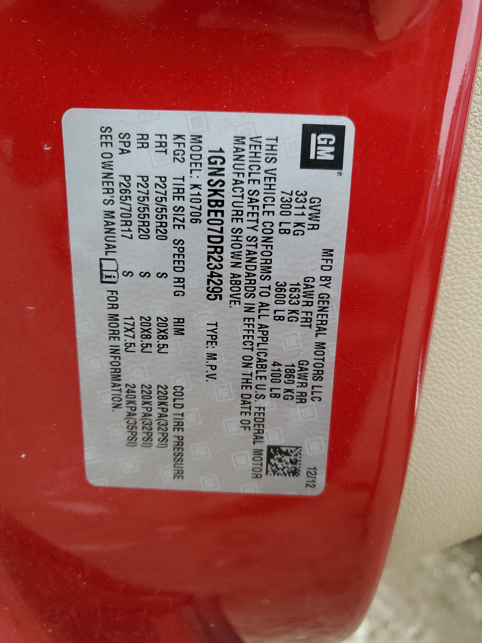 1GNSKBE07DR234295 2013 Chevrolet Tahoe K1500 Lt