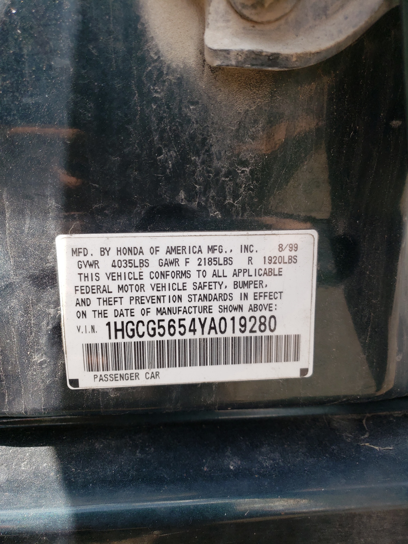 1HGCG5654YA019280 2000 Honda Accord Ex