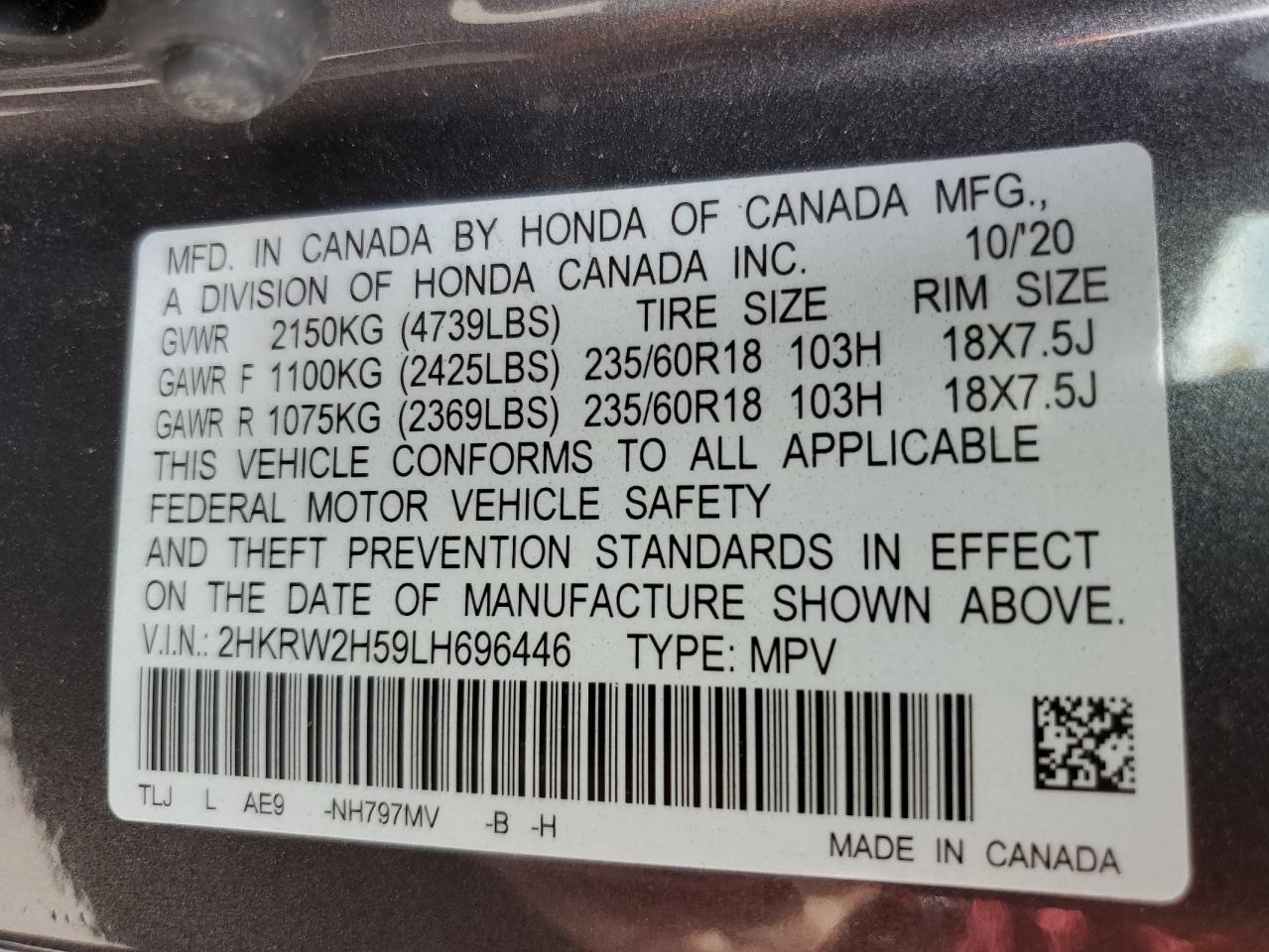 2020 Honda Cr-V Ex VIN: 2HKRW2H59LH696446 Lot: 55305654