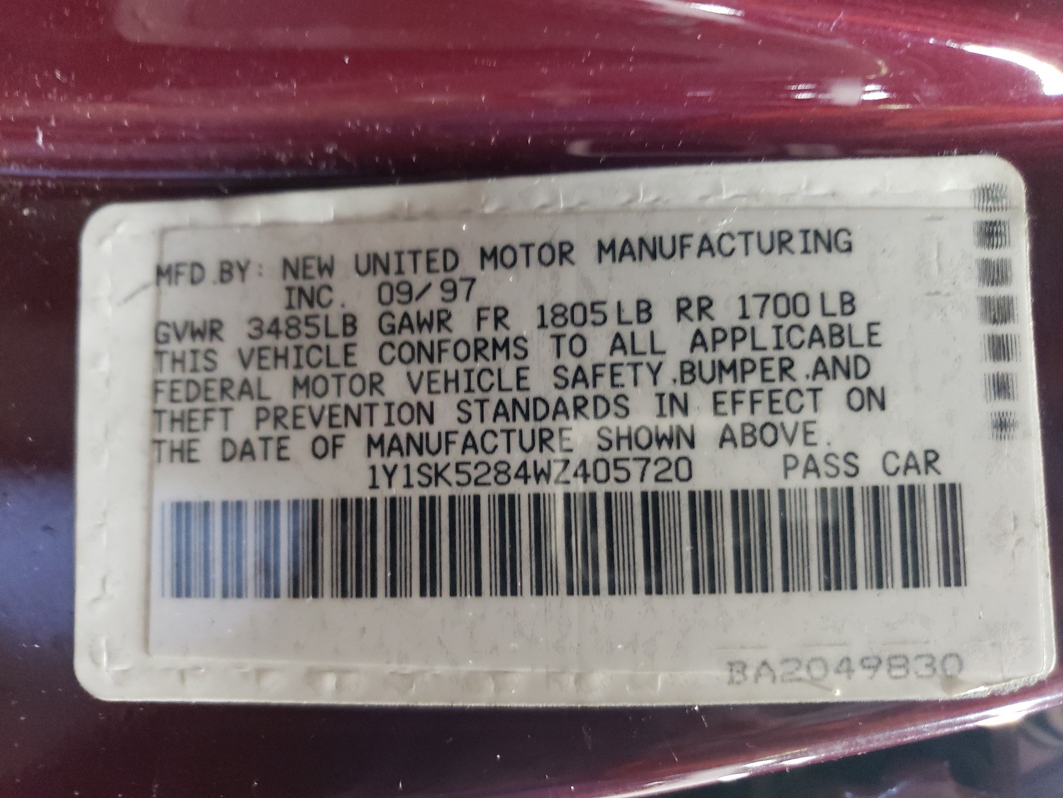 1Y1SK5284WZ405720 1998 Chevrolet Geo Prizm Base