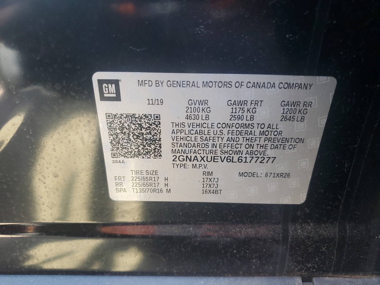 2GNAXUEV6L6177277 2020 Chevrolet Equinox Lt