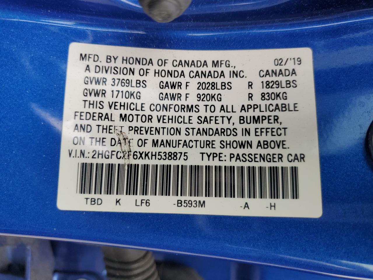 2019 Honda Civic Lx VIN: 2HGFC2F6XKH538875 Lot: 55044794