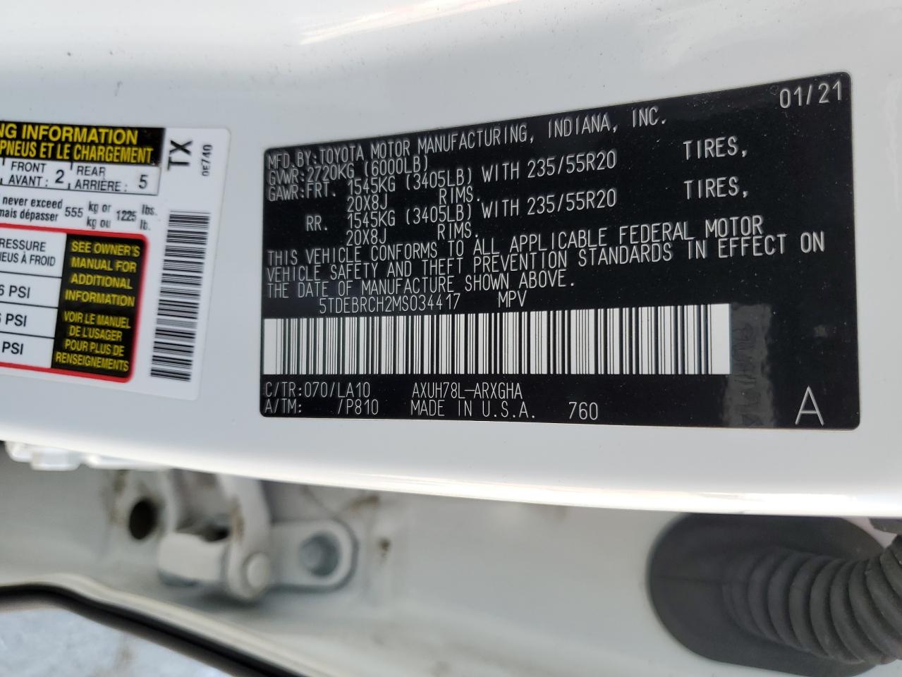 2021 Toyota Highlander Hybrid Platinum VIN: 5TDEBRCH2MS034417 Lot: 56700984