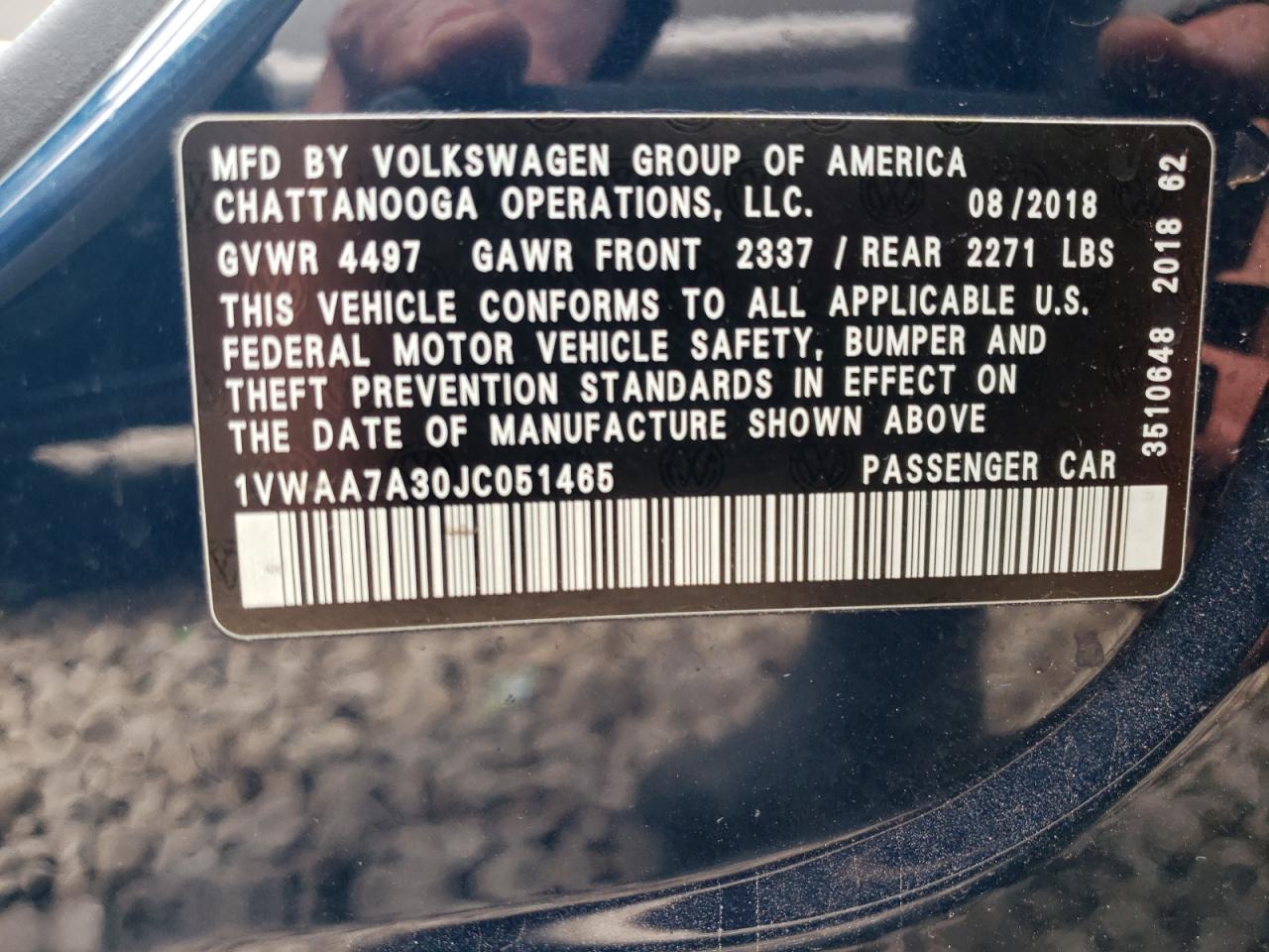 2018 Volkswagen Passat S VIN: 1VWAA7A30JC051465 Lot: 54688634