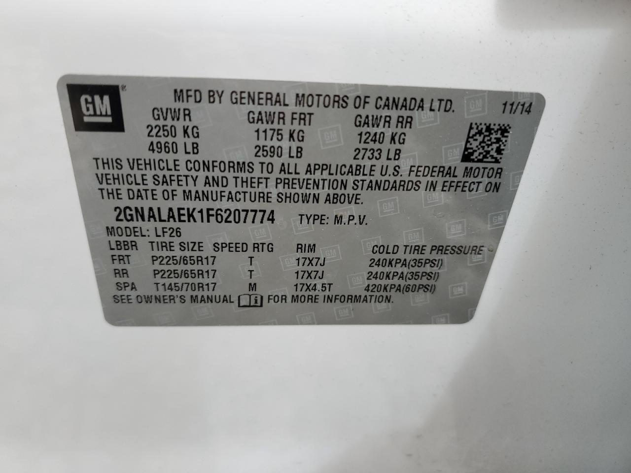 2GNALAEK1F6207774 2015 Chevrolet Equinox Ls