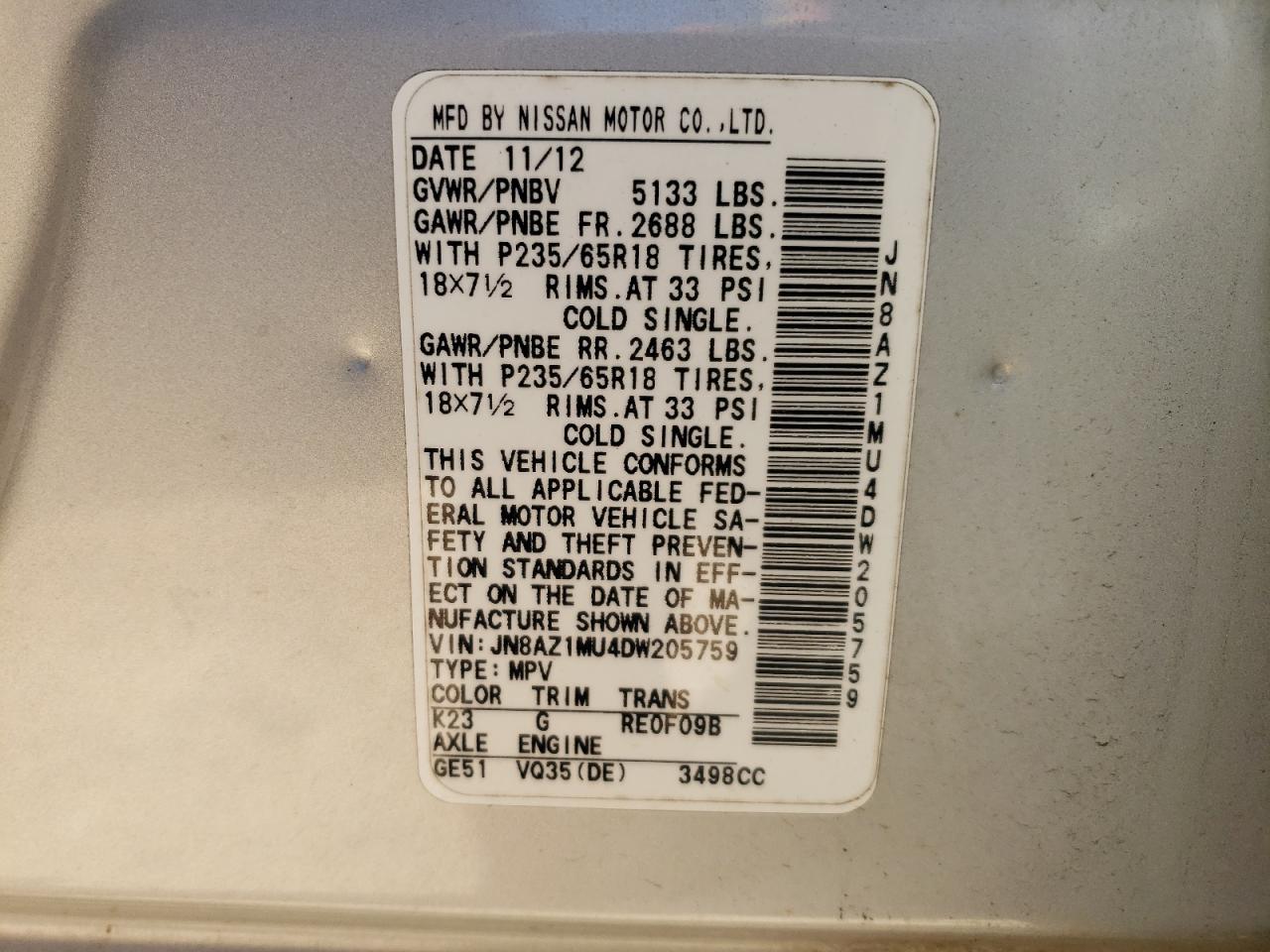 2013 Nissan Murano S VIN: JN8AZ1MU4DW205759 Lot: 54956634