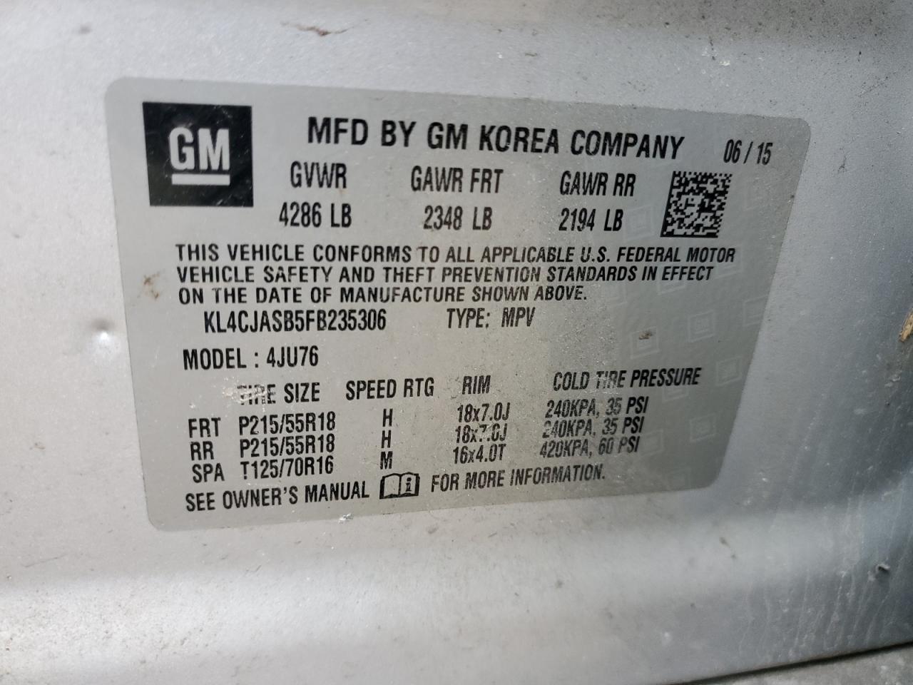 2015 Buick Encore VIN: KL4CJASB5FB235306 Lot: 54947594