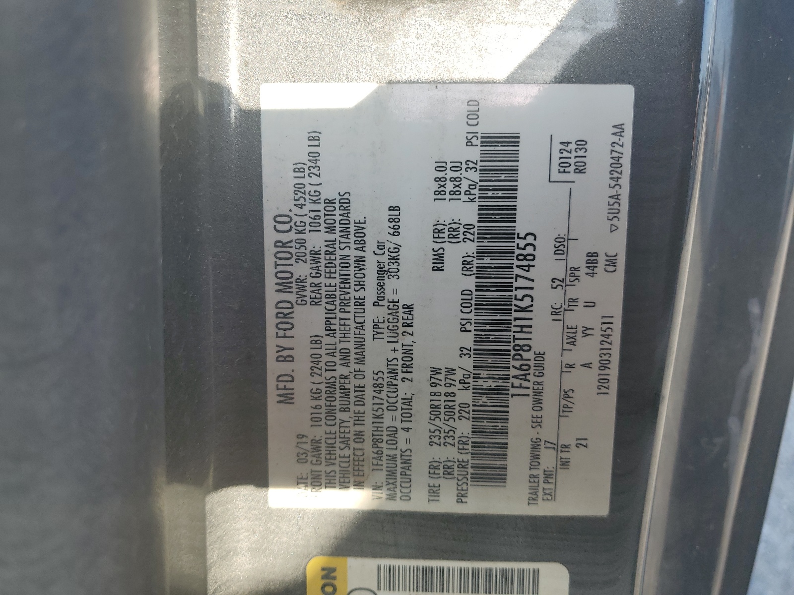 1FA6P8TH1K5174855 2019 Ford Mustang