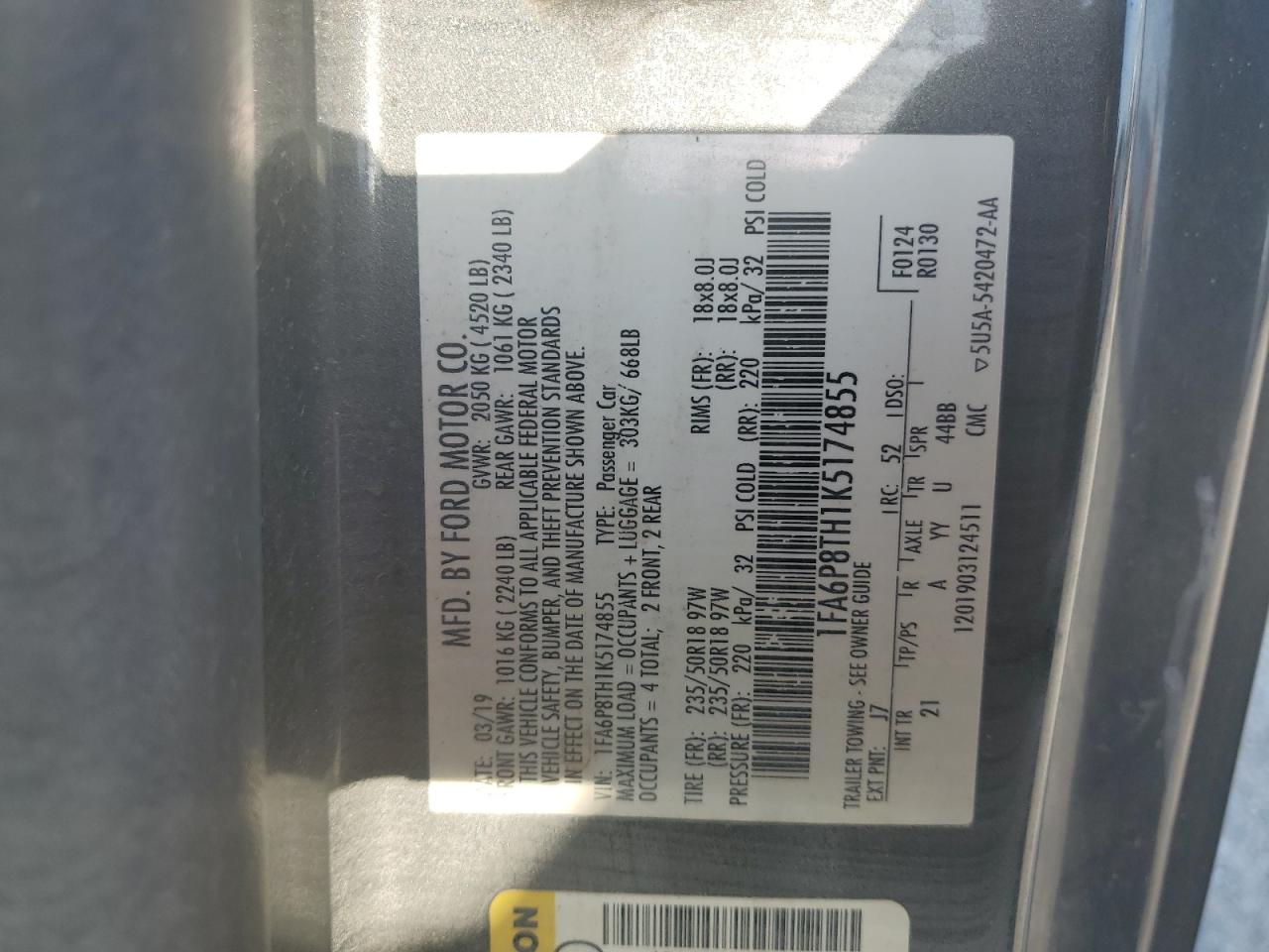 2019 Ford Mustang VIN: 1FA6P8TH1K5174855 Lot: 56616884