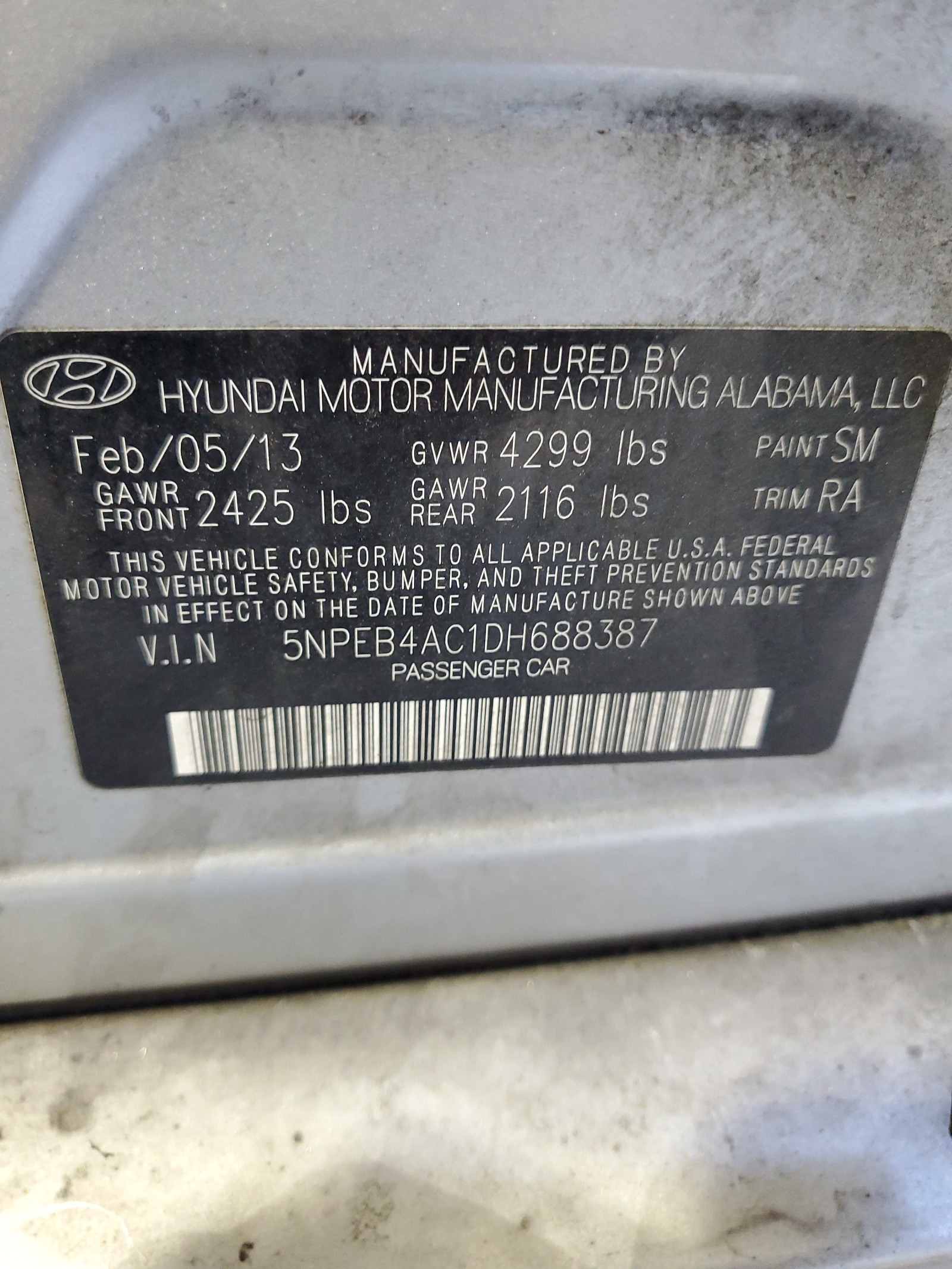 5NPEB4AC1DH688387 2013 Hyundai Sonata Gls
