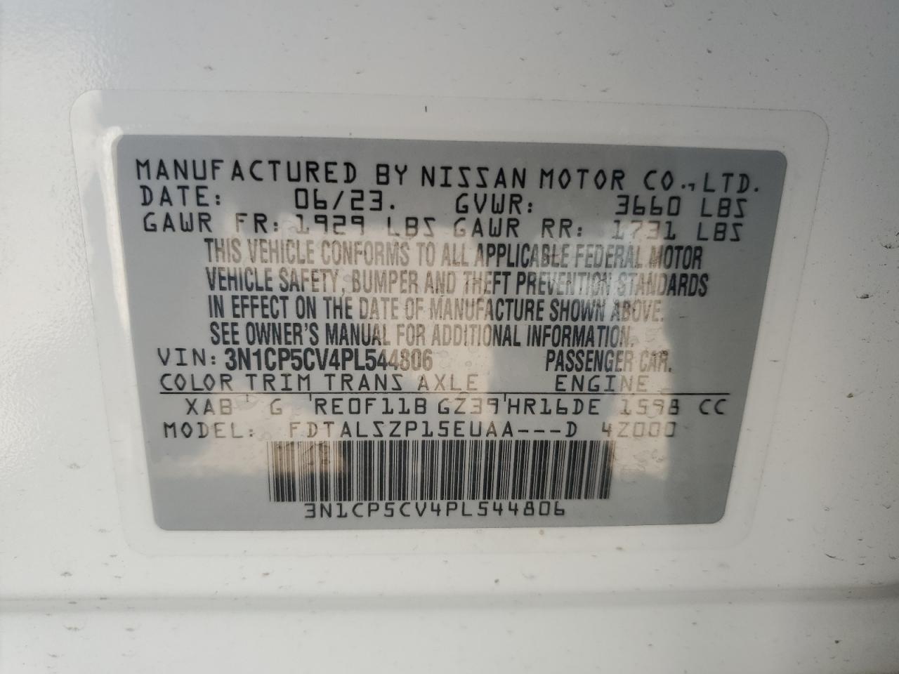 2023 Nissan Kicks Sv VIN: 3N1CP5CV4PL544806 Lot: 54787084