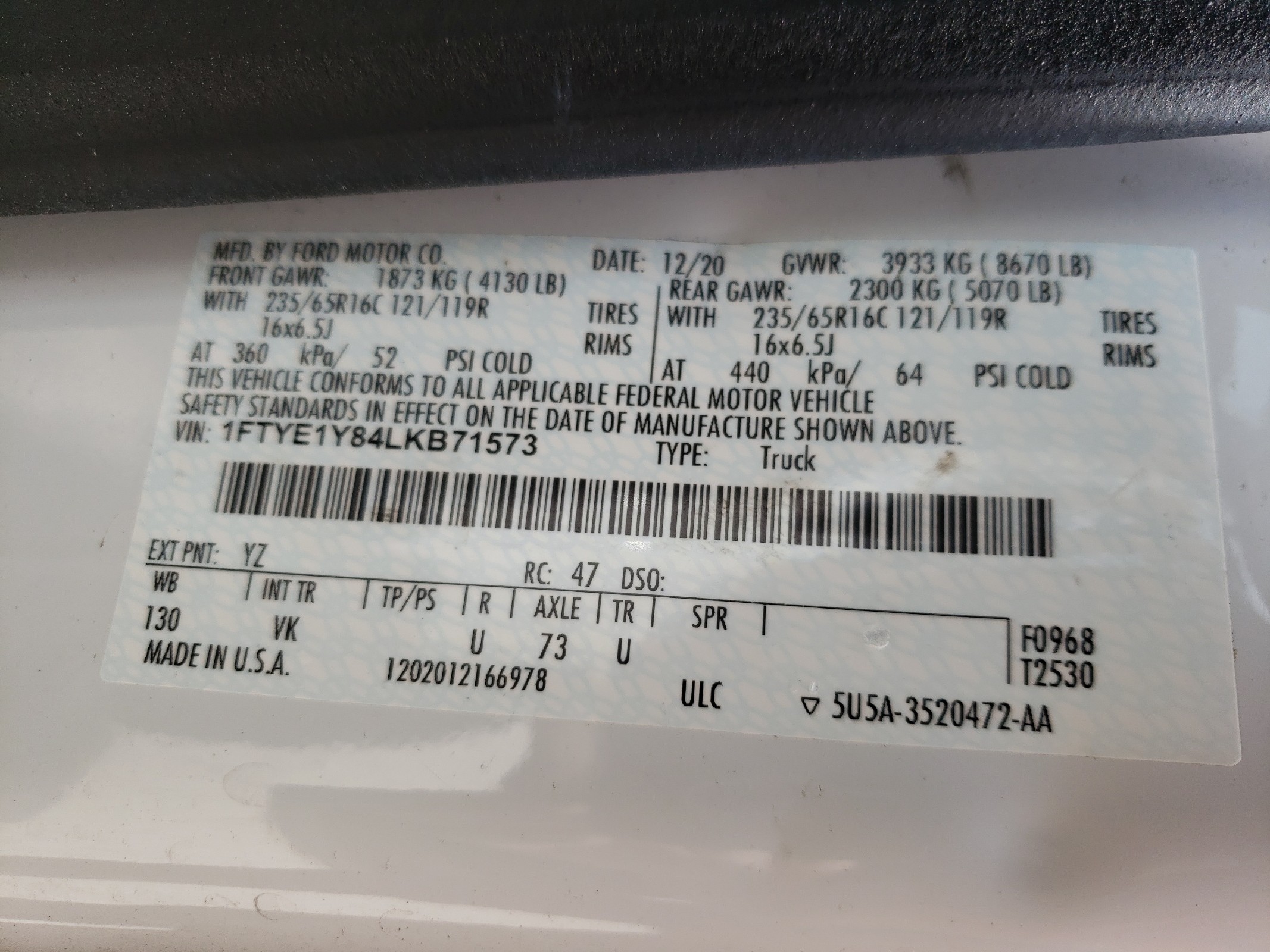 1FTYE1Y84LKB71573 2020 Ford Transit T-150