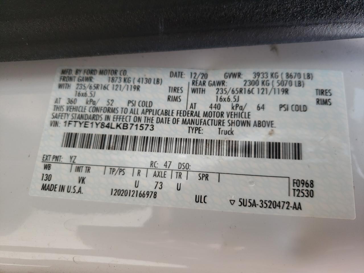 2020 Ford Transit T-150 VIN: 1FTYE1Y84LKB71573 Lot: 55843234