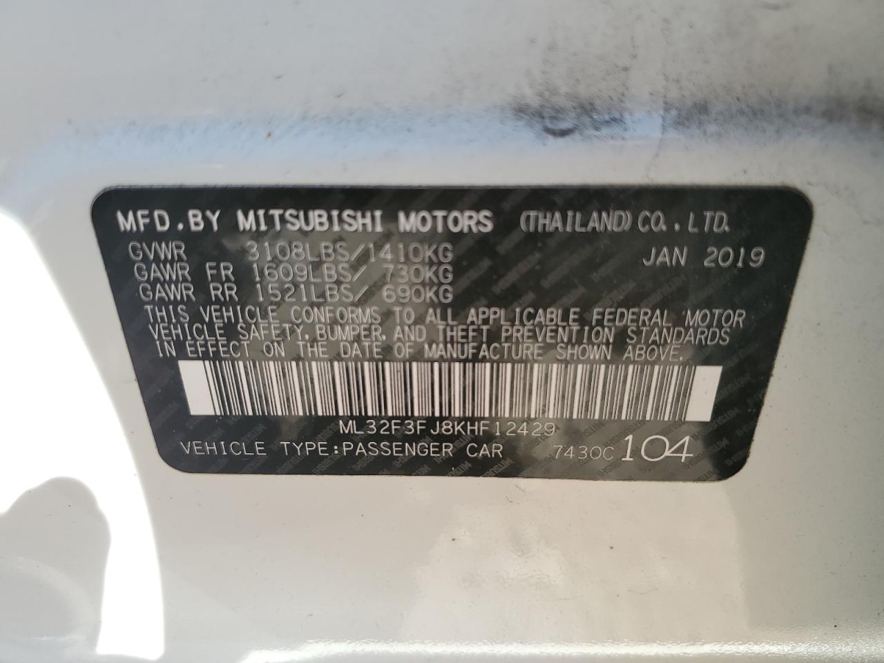 ML32F3FJ8KHF12429 2019 Mitsubishi Mirage G4 Es