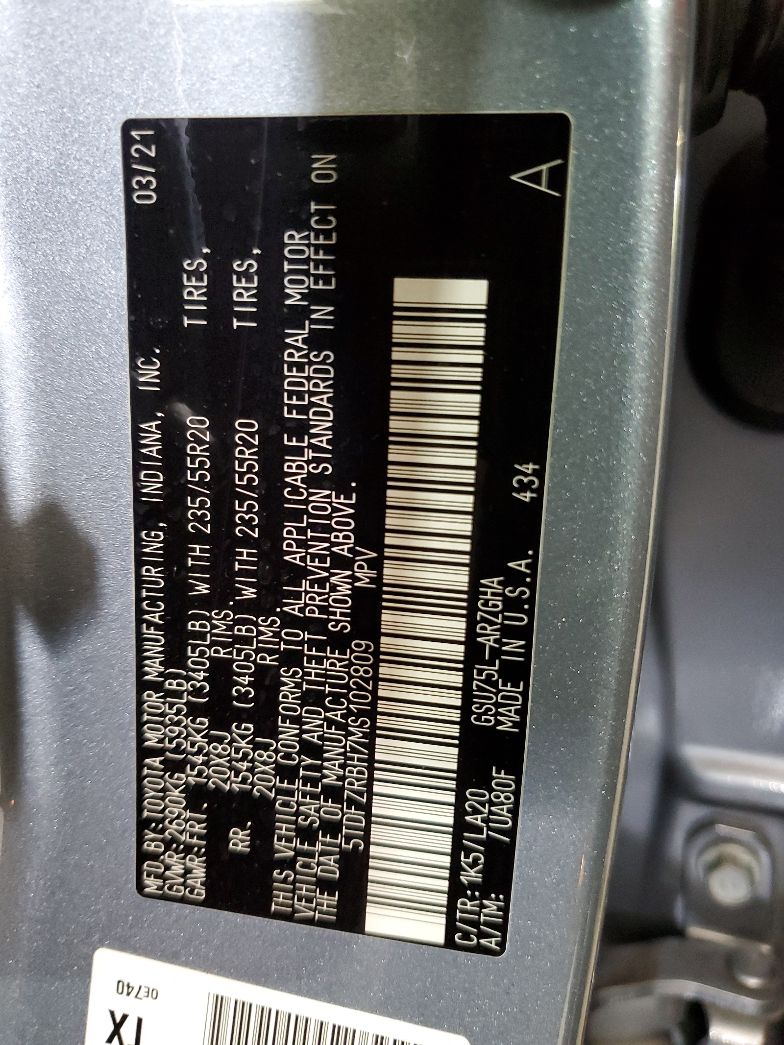 5TDFZRBH7MS102809 2021 Toyota Highlander Platinum