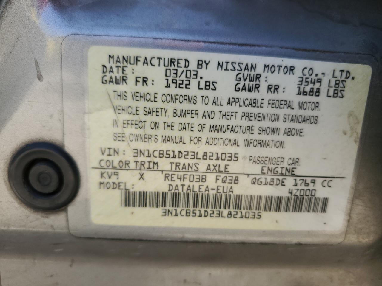 2003 Nissan Sentra Xe VIN: 3N1CB51D23L821035 Lot: 61957644