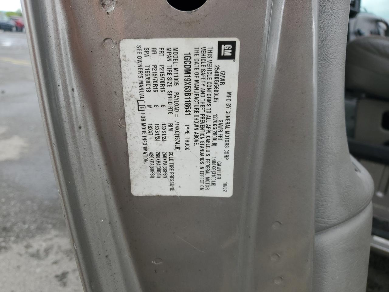 2003 Chevrolet Astro VIN: 1GCDM19X63B118641 Lot: 55084844