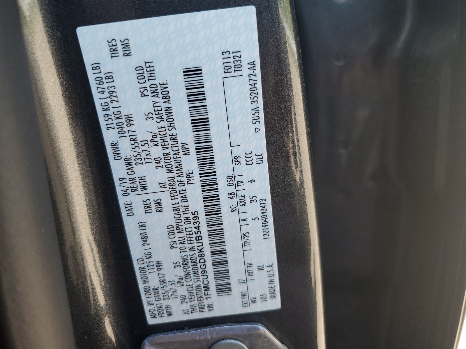 1FMCU9GD8KUB54395 2019 Ford Escape Se