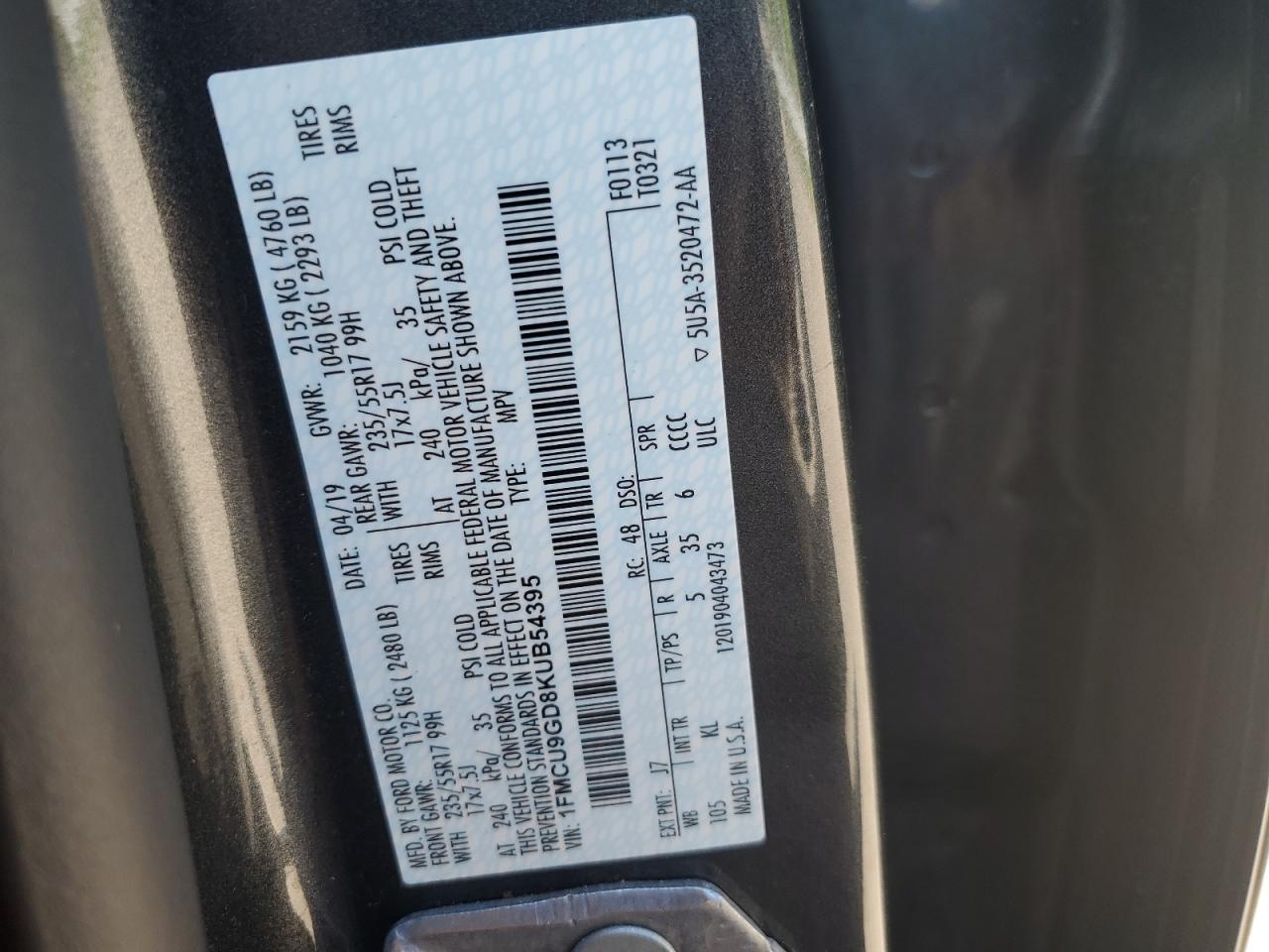 2019 Ford Escape Se VIN: 1FMCU9GD8KUB54395 Lot: 56124704