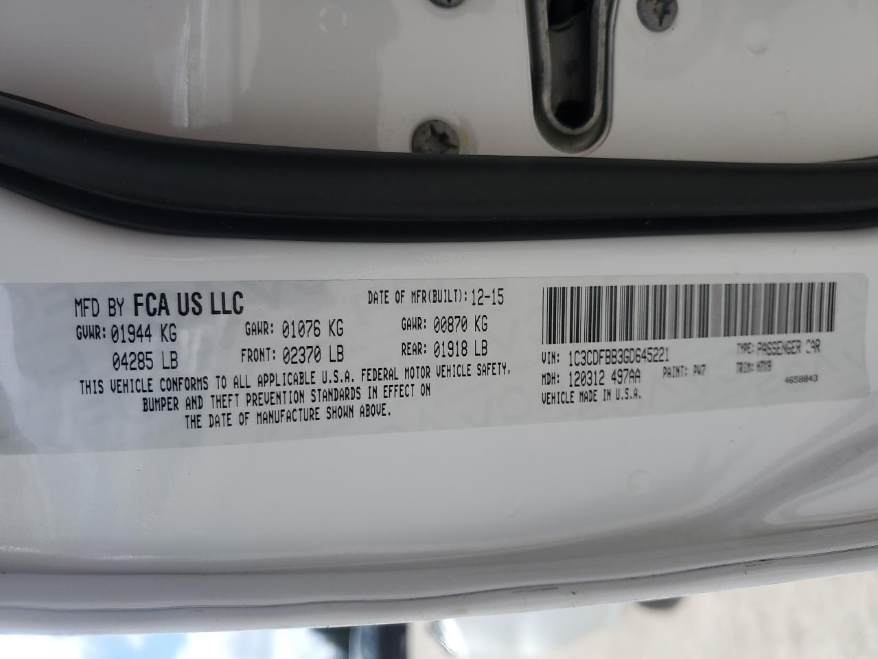 2016 Dodge Dart Sxt VIN: 1C3CDFBB3GD645221 Lot: 56516304