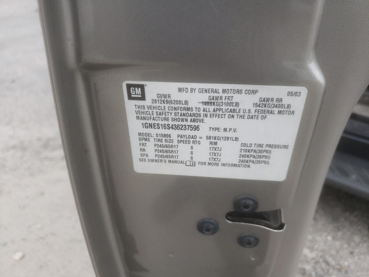 2003 Chevrolet Trailblazer Ext VIN: 1GNES16S436237596 Lot: 53515854