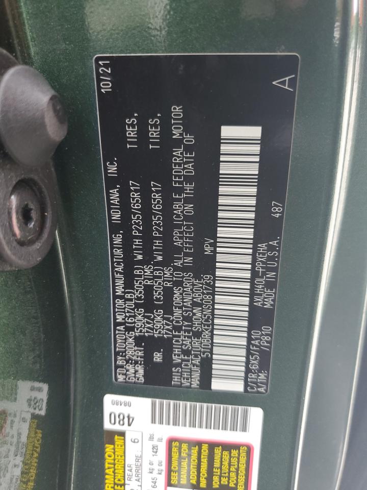 2022 Toyota Sienna Le VIN: 5TDBRKEC5NS081739 Lot: 56195204