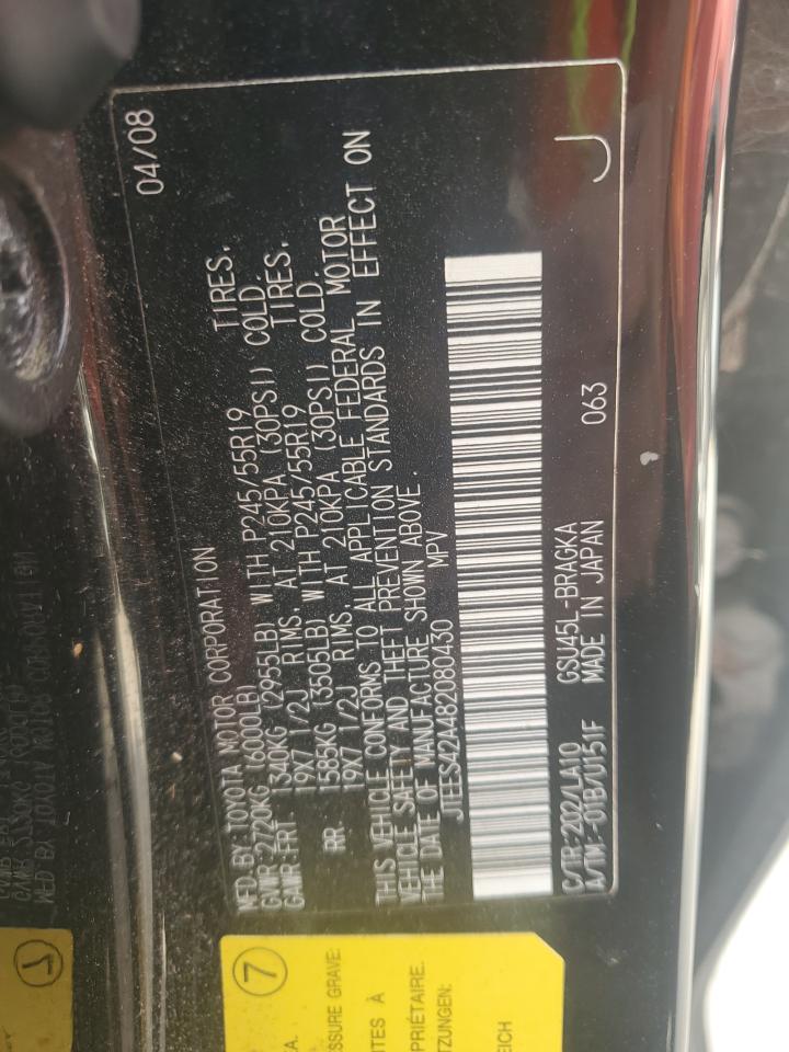 2008 Toyota Highlander Limited VIN: JTEES42A482080430 Lot: 54545524