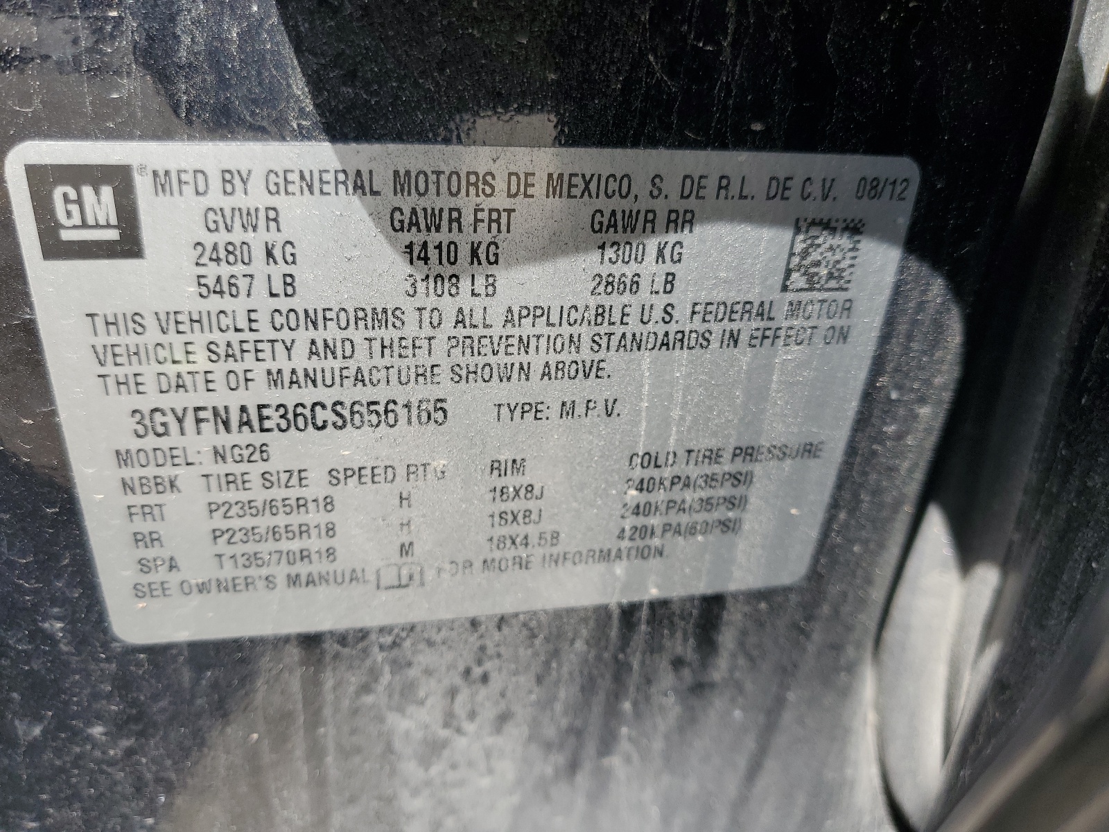 3GYFNAE36CS656165 2012 Cadillac Srx Luxury Collection