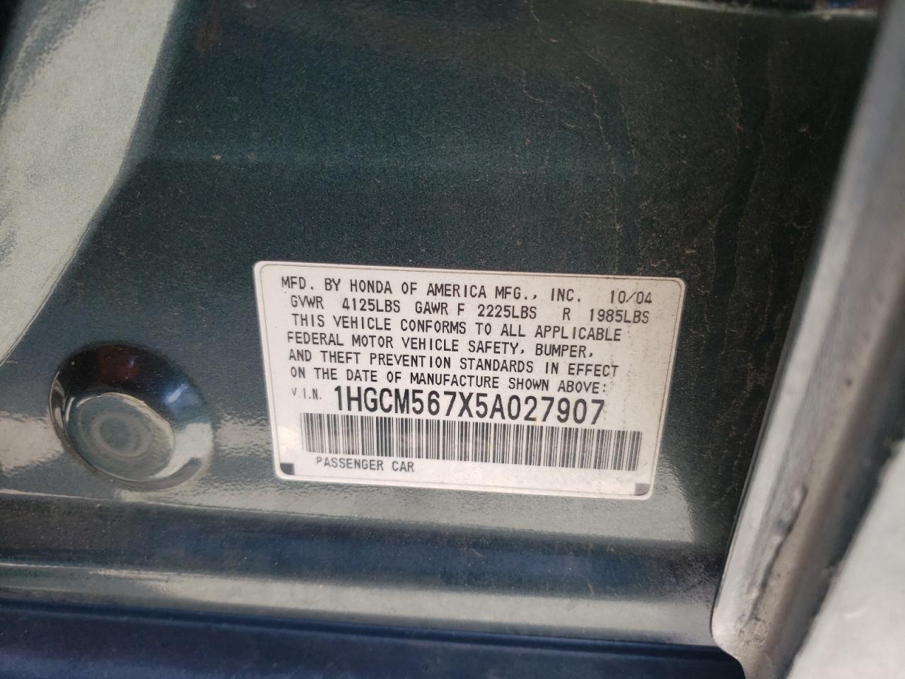 2005 Honda Accord Ex VIN: 1HGCM567X5A027907 Lot: 57421244