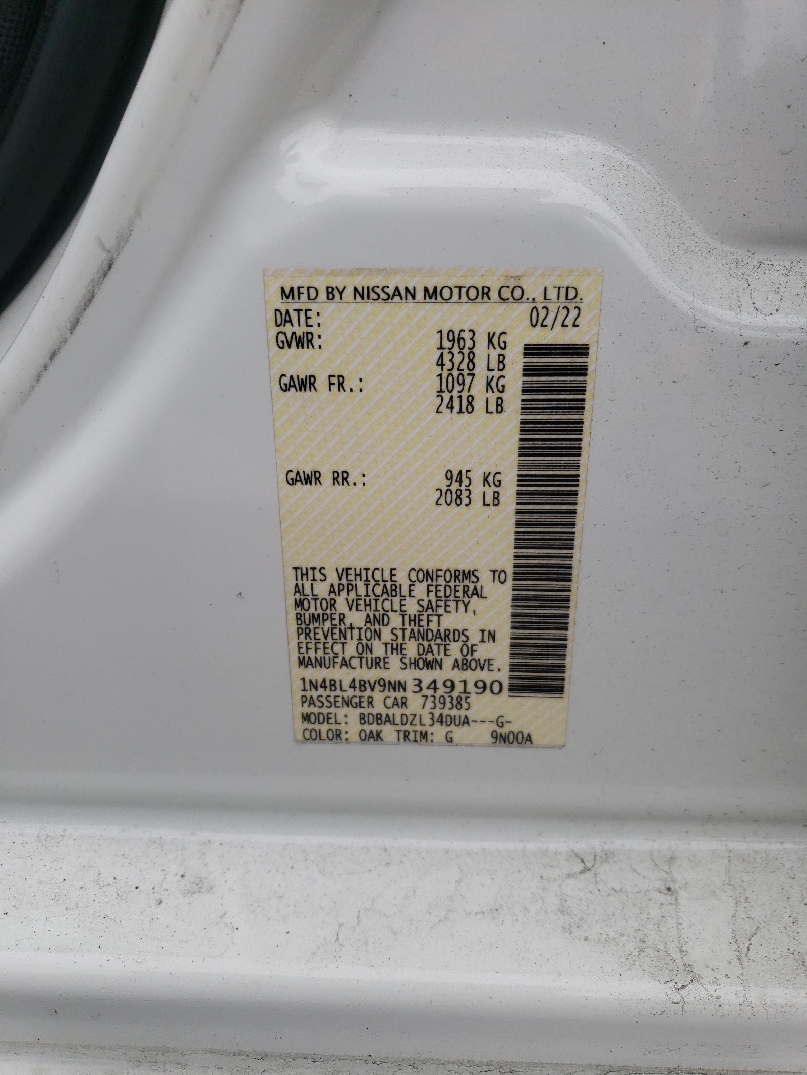 1N4BL4BV9NN349190 2022 Nissan Altima S