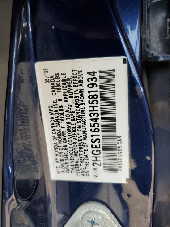 2003 Honda Civic Lx VIN: 2HGES16543H581934 Lot: 55608824