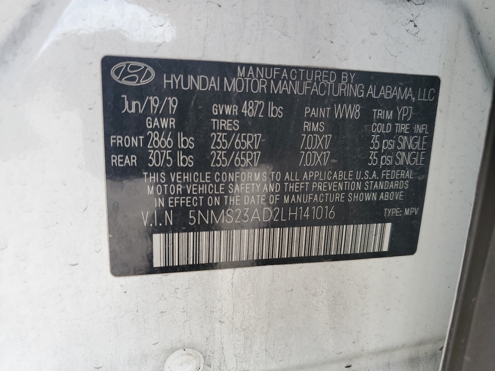 5NMS23AD2LH141016 2020 Hyundai Santa Fe Se