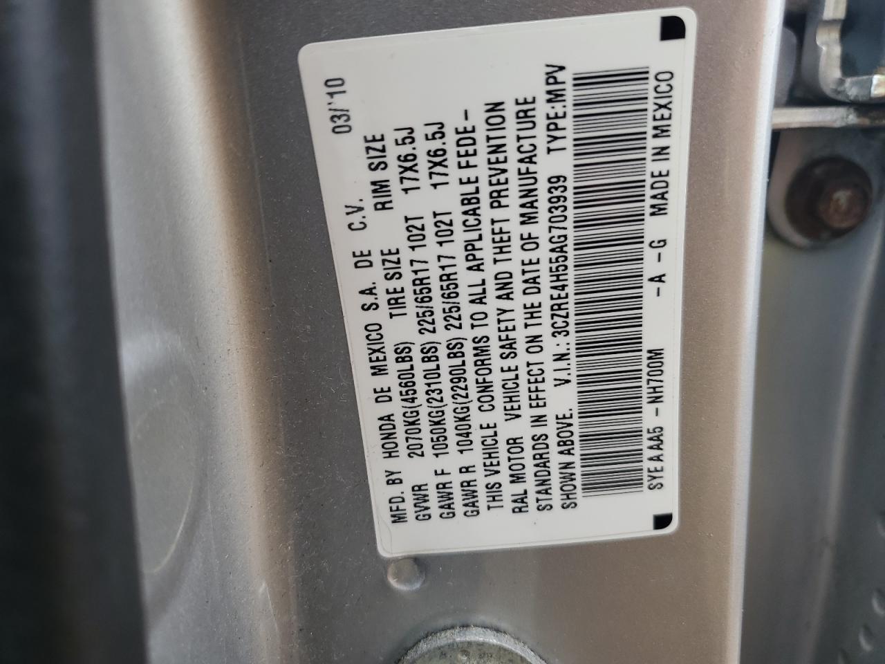 2010 Honda Cr-V Ex VIN: 3CZRE4H55AG703939 Lot: 54075864