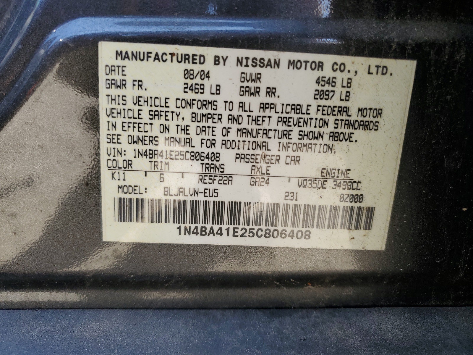 1N4BA41E25C806408 2005 Nissan Maxima Se