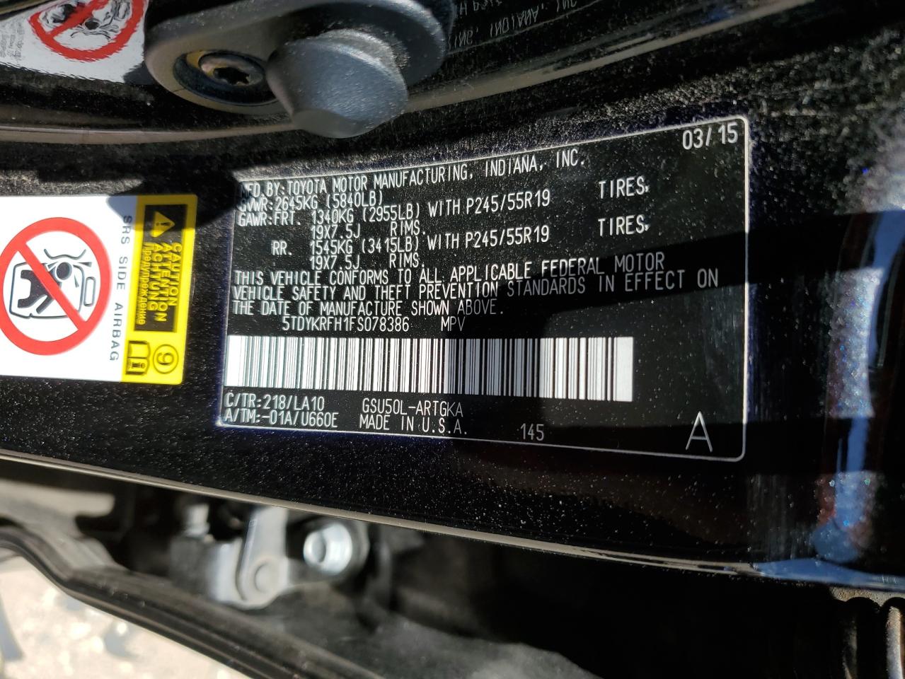 2015 Toyota Highlander Limited VIN: 5TDYKRFH1FS078386 Lot: 55203654