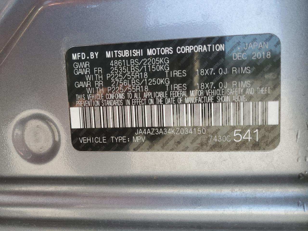 2019 Mitsubishi Outlander Se VIN: JA4AZ3A34KZ034150 Lot: 56575634