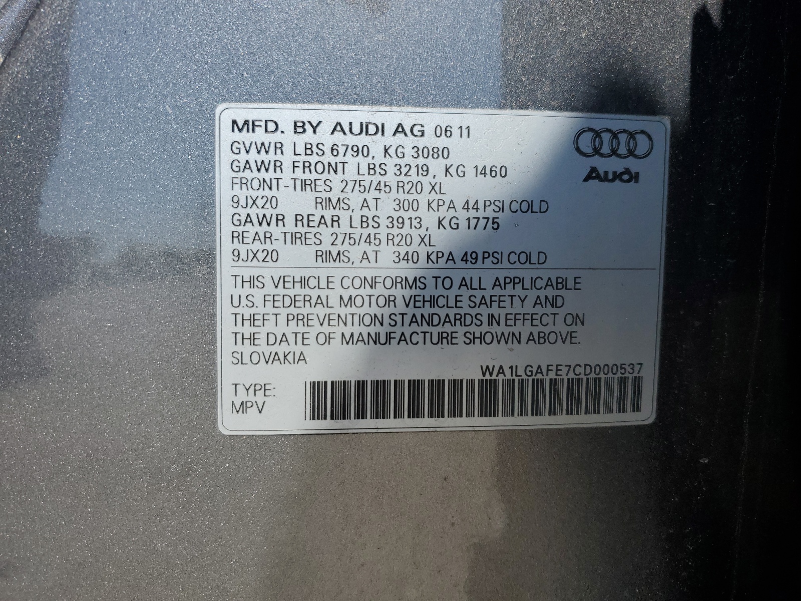 WA1LGAFE7CD000537 2012 Audi Q7 Premium Plus