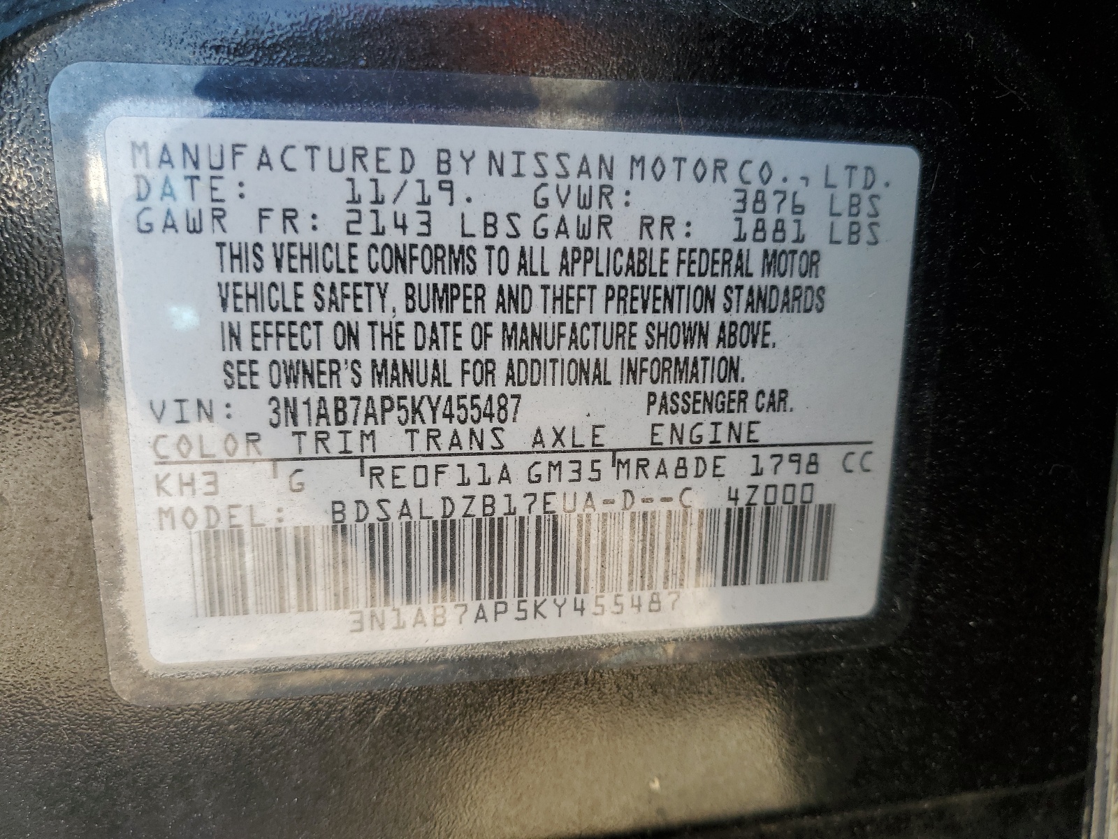 3N1AB7AP5KY455487 2019 Nissan Sentra S