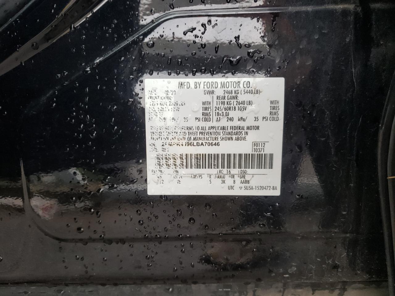 2020 Ford Edge Sel VIN: 2FMPK4J96LBA70646 Lot: 57105884