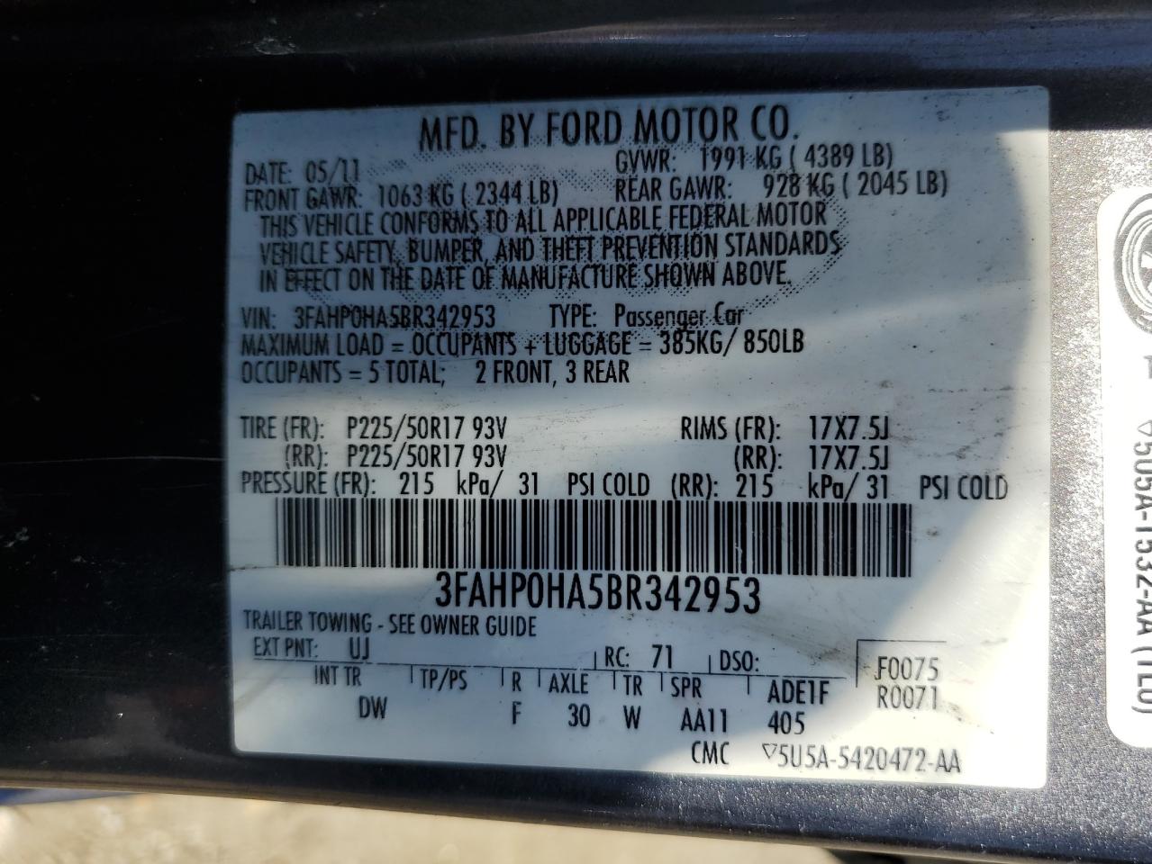 2011 Ford Fusion Se VIN: 3FAHP0HA5BR342953 Lot: 53709254