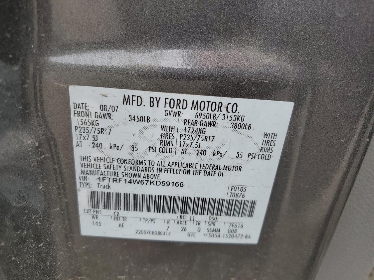 2007 Ford F150 VIN: 1FTRF14W67KD59166 Lot: 56569494