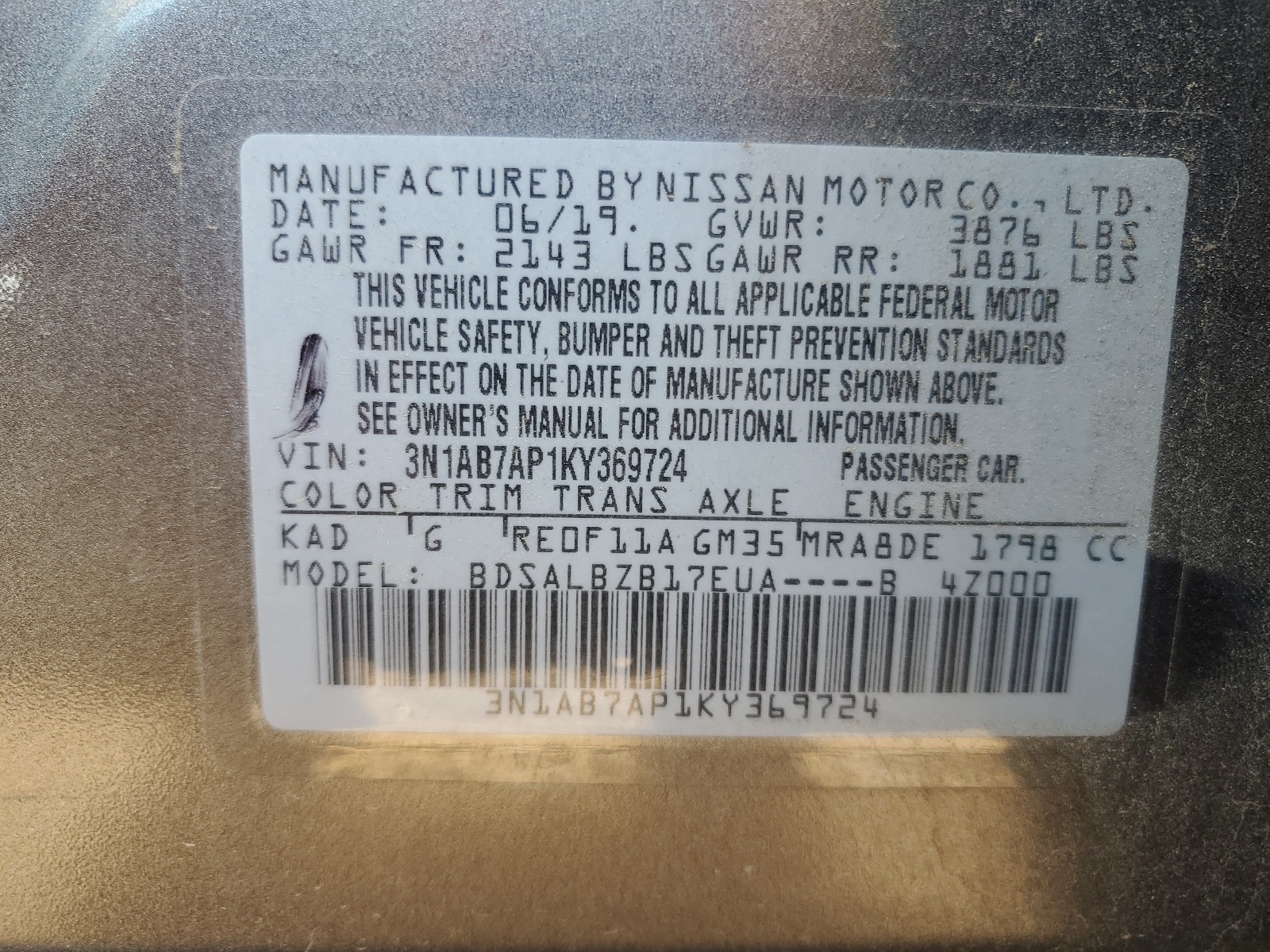 3N1AB7AP1KY369724 2019 Nissan Sentra S