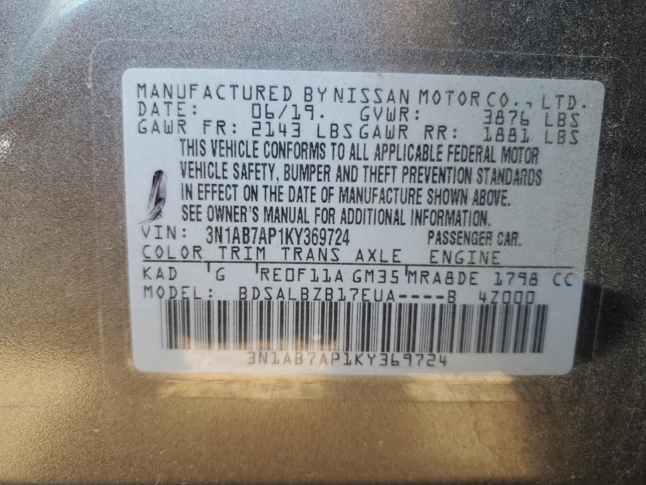 2019 Nissan Sentra S VIN: 3N1AB7AP1KY369724 Lot: 55322314