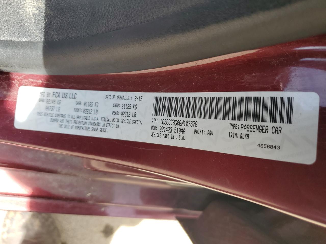 2016 Chrysler 200 S VIN: 1C3CCCBG0GN107678 Lot: 56016424